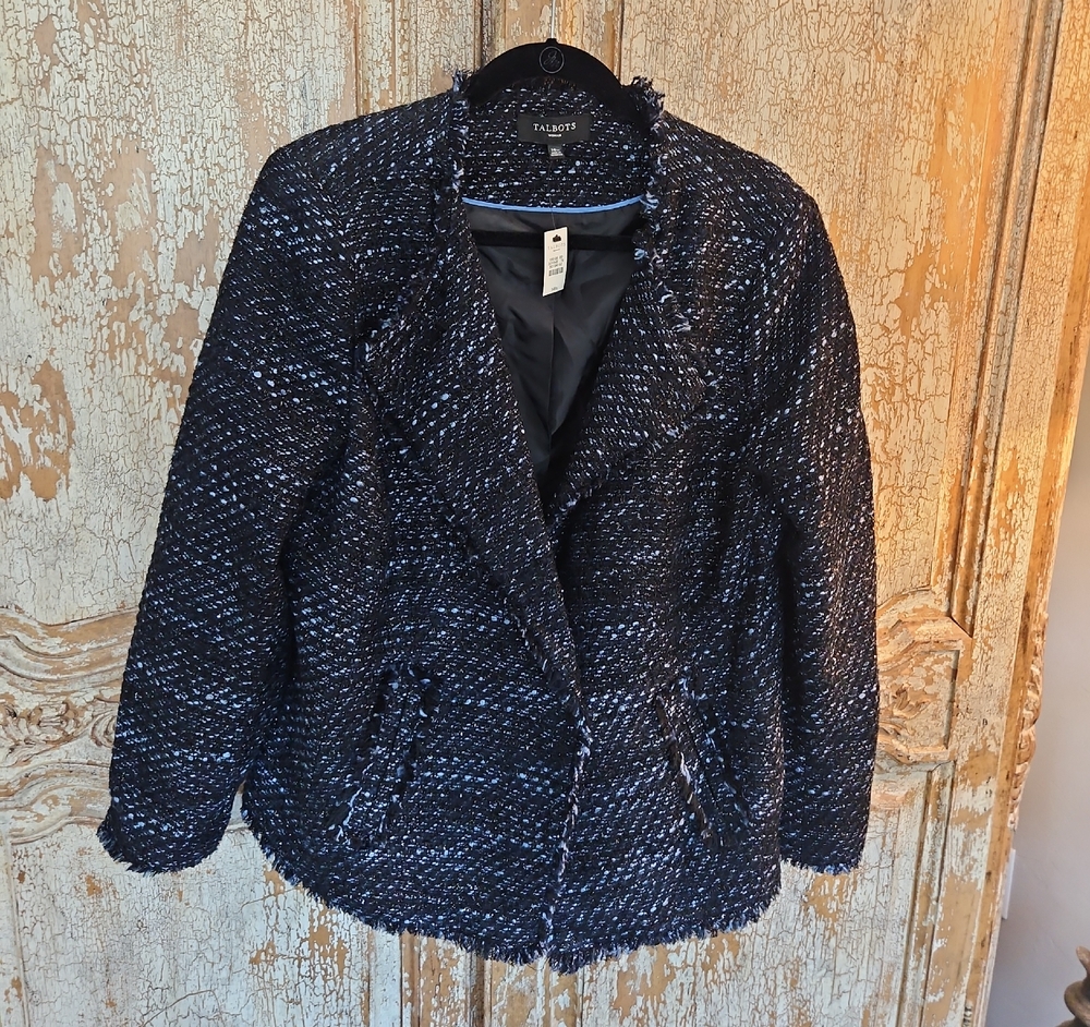 Talbots Navy and White Tweed Frayed-Trim Blazer